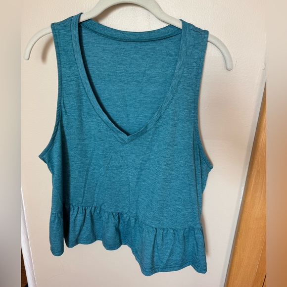 Teal Blue Babydoll Tank Top Heather Peplum Ruffle Hem Sleeveless Swing V-Neck - Picture 5 of 7